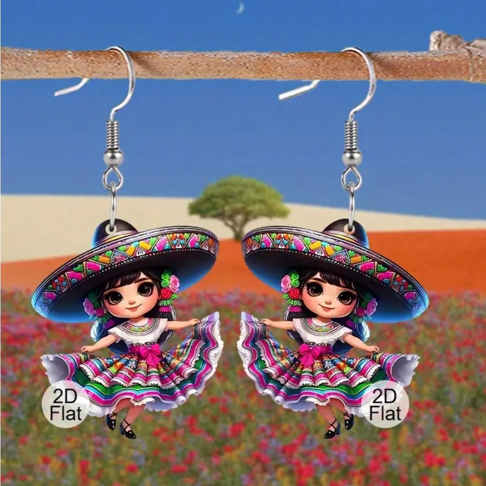 Colorful 2D Flat Earrings with Sombrero Design